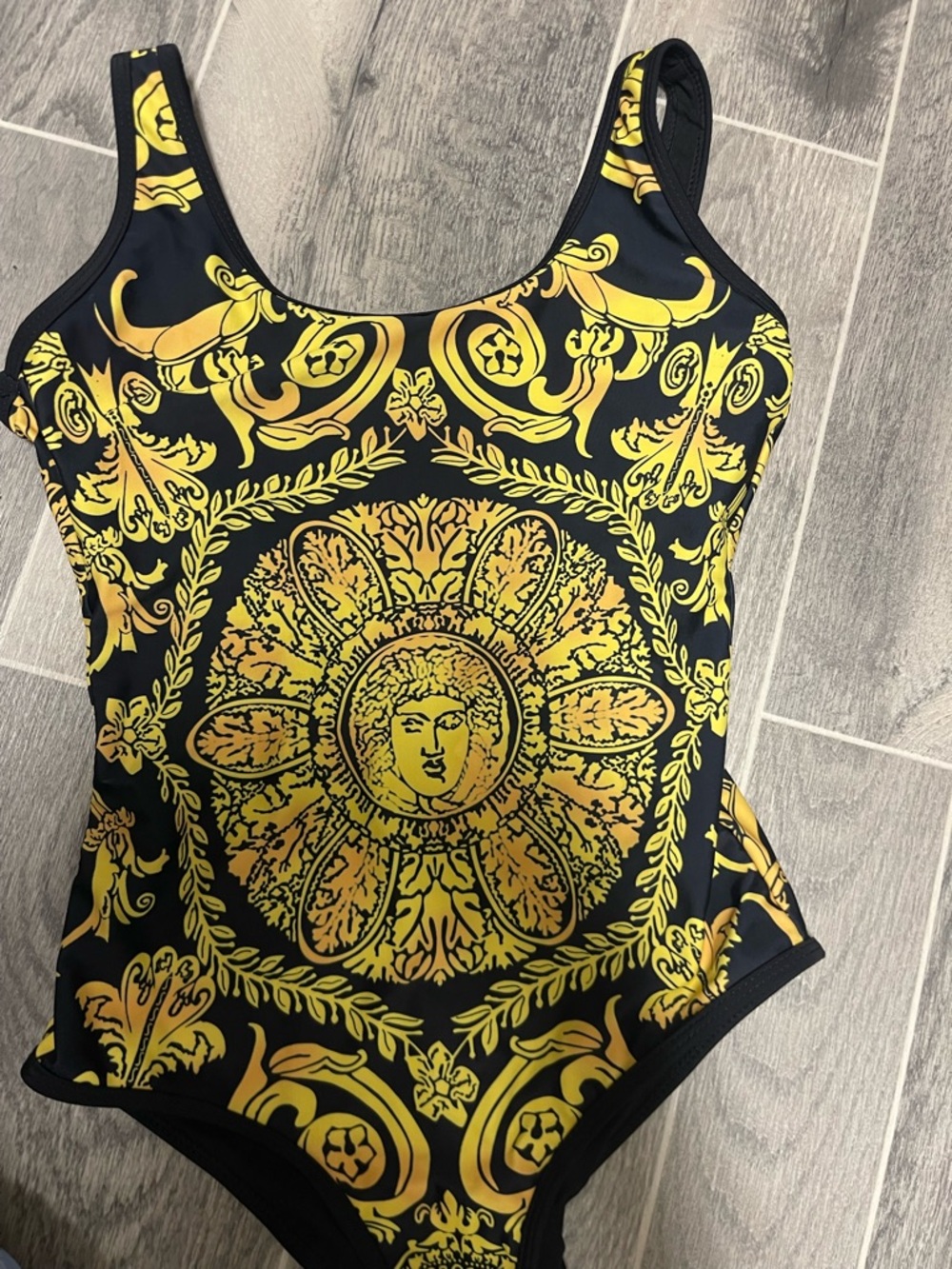 Versace Black and Yellow Baroque Scoop Bodysuit